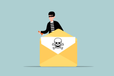 A scammer hiding behind a phishing email in an envelope